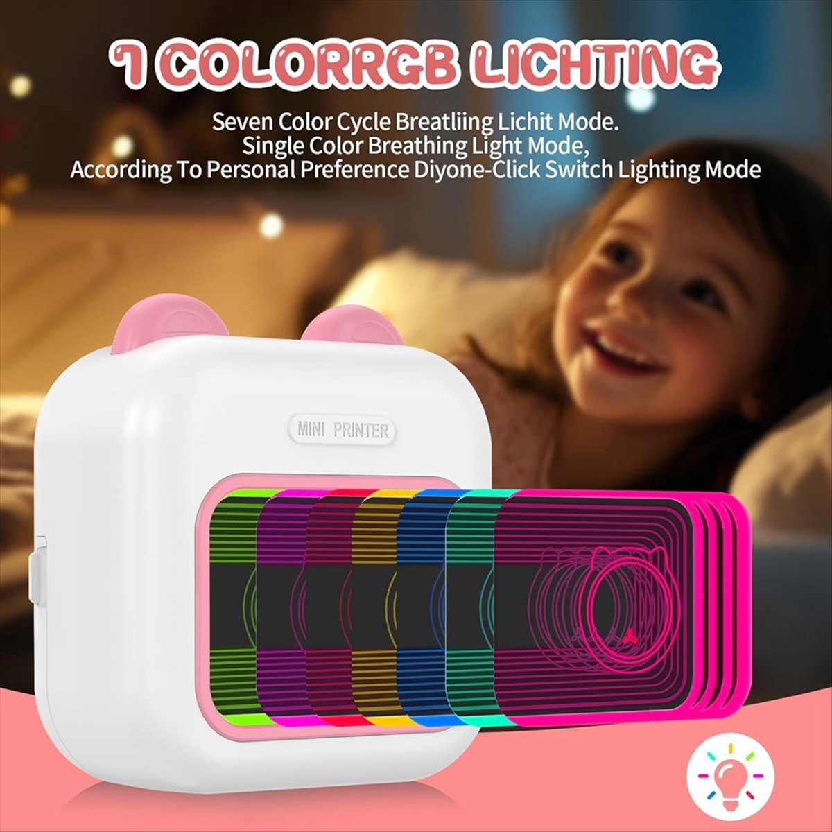 Mini Pocket Thermal Printer Paper Roll - Mini-stickerprinter RGB-licht Bluetooth Pocket Inktloze thermische